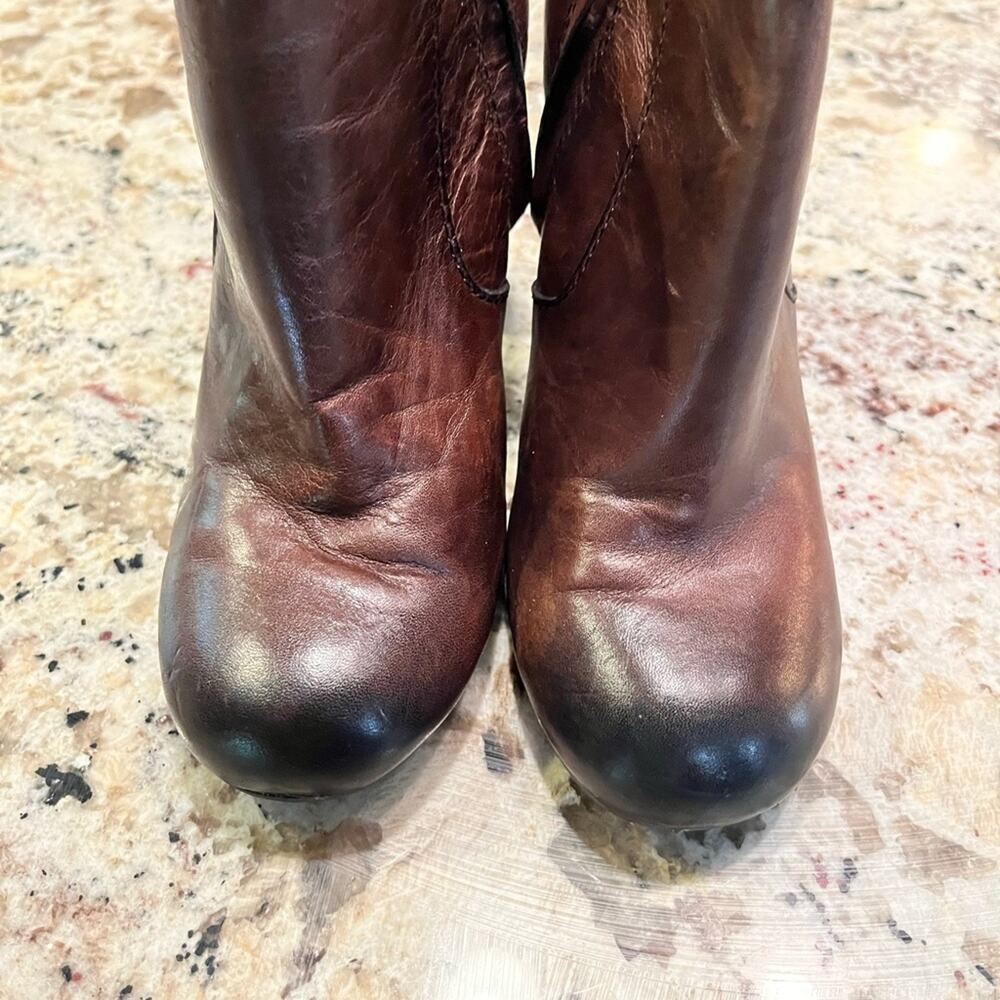 Nicole Brown Leather Almond Toe Heeled Booties Womens Size 6 Western Classic - Picture 3 of 7